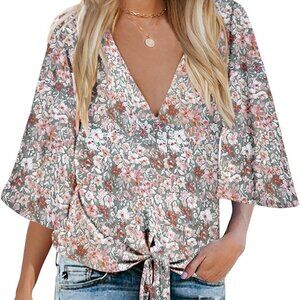 NWT BlueTime sz small tie knot front v neck floral shirt